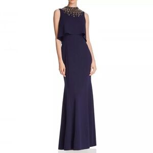 NWT AIDAN MATTOX HIGH NECK JEWELED COLLAR NAVY BLUE EVENING GOWN SIZE 6 SMALL